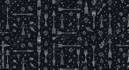 Intricate seamless pattern of white line drawn arrows and crystalline gems on a dark background for tribal and mystic themes.