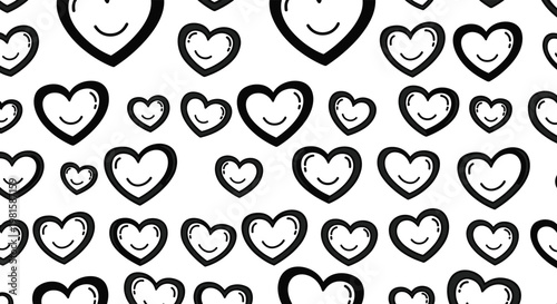 Simple and fun pattern of black outline heart shapes with happy smiling faces on a white background for love and joy themes.