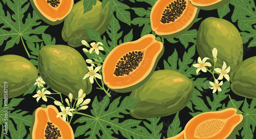 Seamless pattern of whole and halved papayas with black seeds and green leaves on a dark background for tropical themes.