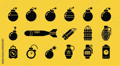 Silhouette icons of various explosives including classic round bombs torpedoes dynamite sticks and grenades on a vibrant yellow background.