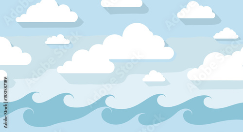 Stylized landscape illustration featuring a light blue sky filled with fluffy white clouds casting shadows over rolling blue ocean waves.