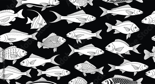 Seamless repeating pattern of various fish species in white silhouette on a black background perfect for seafood branding or aquatic decor.