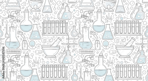 Continuous pattern of laboratory glassware including beakers flasks and test tubes filled with blue liquid for science and chemistry themes.