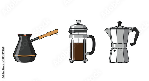 Selection of traditional coffee brewing equipment including a turkish cezve a glass french press and a classic silver stovetop moka pot.
