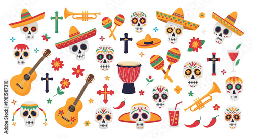 Colorful collection of day of the dead elements featuring sugar skulls marigolds guitars sombreros and traditional mexican holiday decorations.