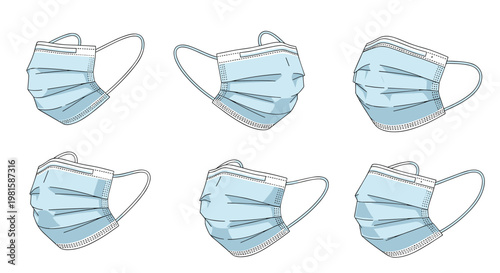 Set of blue surgical face masks shown from various angles and perspectives for healthcare awareness and personal protection equipment themes.