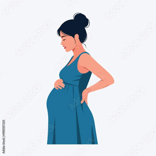 Flat illustration of a pregnant woman in a blue dress holding her back and belly