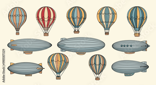 Vintage style collection of colorful striped hot air balloons and grey zeppelins floating against a cream colored sky background for air travel.