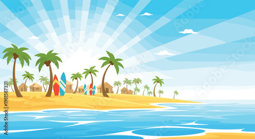 Tropical beach landscape at sunrise featuring palm trees surfboards on sand huts and blue ocean waves for a summer vacation concept.
