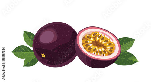 Deep purple whole passion fruit and a half slice overflowing with juicy yellow seeds and pulp surrounded by fresh green leaves.