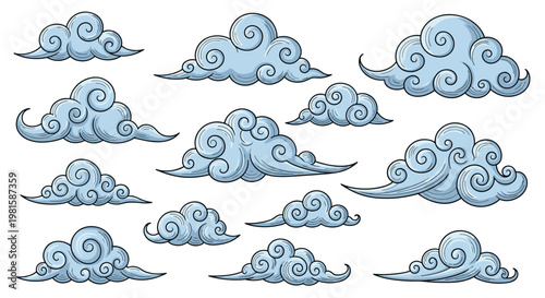 Set of blue clouds with traditional swirling line art patterns in a vintage asian style for sky and atmospheric background designs.
