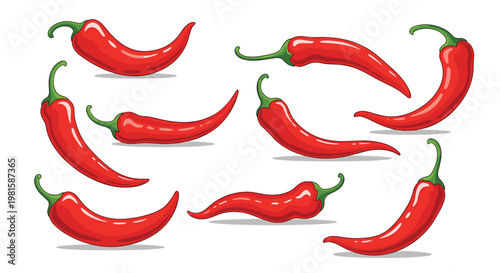 Group of ten vibrant red hot chili peppers shown in various curved shapes and orientations for spicy food and culinary design projects.