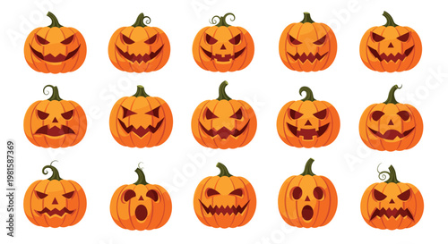 Collection of fifteen orange jack-o-lantern pumpkins with various spooky and funny carved faces for halloween festival and party decorations.