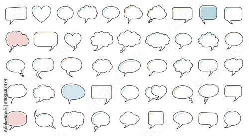 Comprehensive collection of speech and thought bubbles in many different shapes and colors for comics social media and web design elements.
