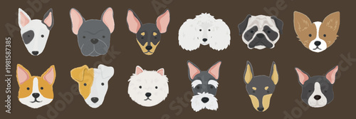Illustrated dog faces on a brown background. Features various dog breeds, including terriers, poodles, and bulldogs. Cute dog faces, diverse dog breeds. Cute pets, vector illustration set.