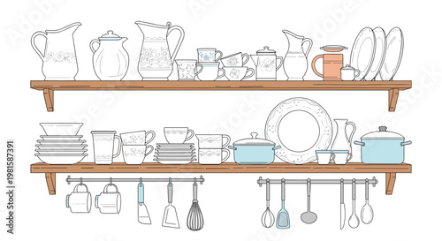 Illustration of two wooden kitchen shelves holding a variety of porcelain dishes cups pots and hanging metal cooking utensils in a home.