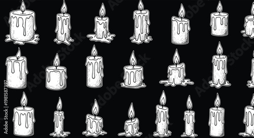 Striking pattern of melting white candles with glowing flames scattered across a black background for atmospheric or religious themes.