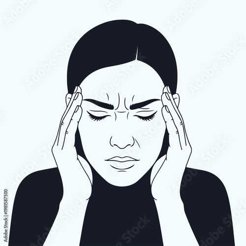Minimalist black and white line art of a woman in pain holding her sore temples