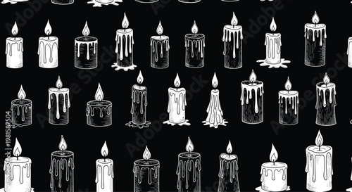 Seamless pattern of hand drawn burning candles with melting wax on a black background for atmospheric and spooky themes.