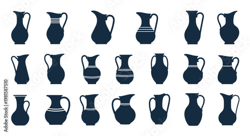 Large collection of diverse pitcher and jug silhouettes in solid dark blue are presented in a neat grid on a clean white background.