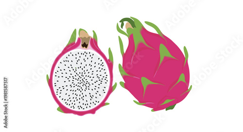 High quality illustration of a whole vibrant pink dragon fruit and a half section showing its white flesh with small black seeds.