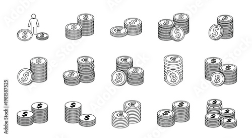 Various stacks of coins including dollar, euro, and bitcoin symbols are illustrated in a clean line art style for financial topics.