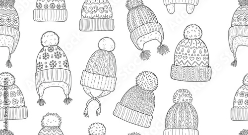 Charming repeating pattern shows many different styles of hand drawn winter hats with pom-poms and intricate knit textures for design.