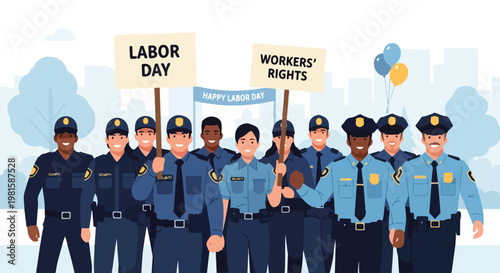 Happy diverse security officers holding signs for Labor Day and workers' rights