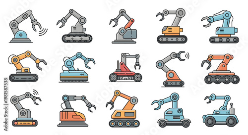 Set of colorful robotic arm icons used in industrial automation and manufacturing are displayed in a clean and modern illustrative style.