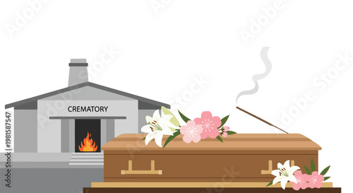 Wooden casket with lilies and incense stick before a grey crematory building