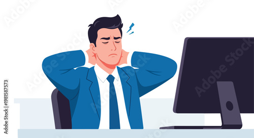 Tired office worker in a blue suit experiencing neck pain at his computer desk