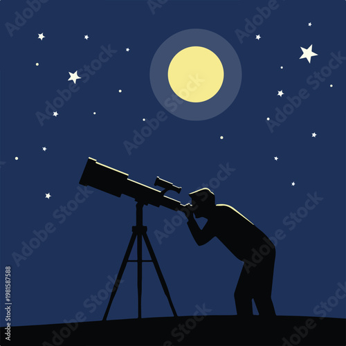 Silhouette of a man looking through a telescope at a bright moon and starry sky
