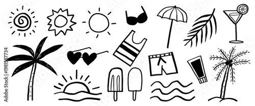 Summer icons: sun, palm, sunglasses, beachwear, and drinks. Sun, palm, and beachwear evoke summer vibes. Enjoy sun, palm, and beachwear fun. Doodle illustrations, vector set.