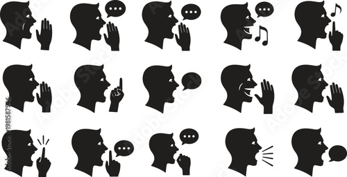 Diverse silhouettes depicting various communication and speaking gestures
