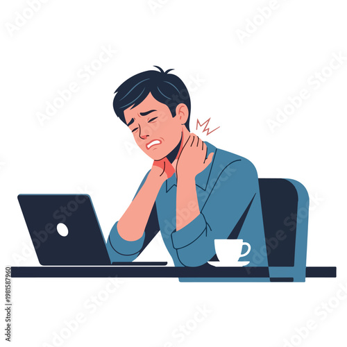 Stressed man clutching his painful neck while working at a laptop on a desk