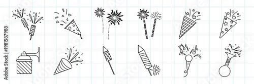 Doodle fireworks and party icons, featuring sparklers, rockets, and confetti. Fun and festive doodles for celebrations and parties. Black and white sketch style. Doodle vector illustration set.