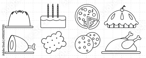 Outline icons of food: cake, pizza, pie, ham, cookies, chicken. Simple food illustrations. Perfect for menus, recipes, or food-related designs. Cute food vector illustration set.
