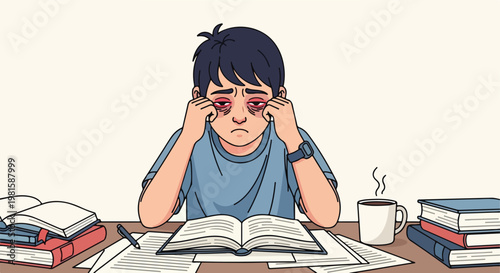 Tired student with red eyes sitting at his desk with many books and hot coffee