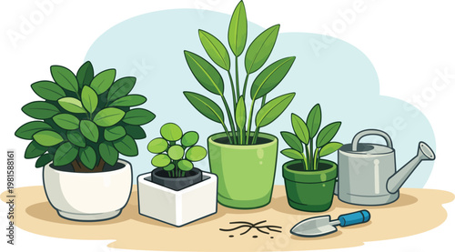 Indoor Plants with Gardening Tools – Houseplant Care Vector Illustration