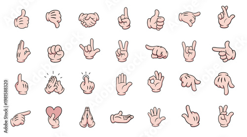 Cartoon Hand Gesture Set Cute Colored Vector Icon Collection. Thumbs up, pointing, peace, OK gesture, handshake, praying hands, heart symbol, and communication gestures.