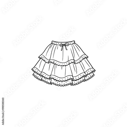 Hand Drawn Ruffled Tiered Skirt Line Art Vector Illustration