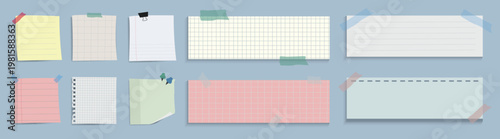 Collection of colorful sticky notes and paper sheets. Various sizes and colors of sticky notes, grid paper, and lined sheets taped on a blue background. Cute memo vector illustration set.