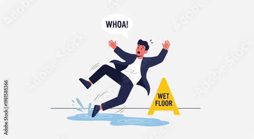 A man slips on a wet floor puddle near a yellow caution sign, shouting in alarm