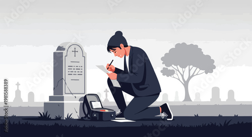Crying man in dark suit writing a letter while kneeling at a gravestone