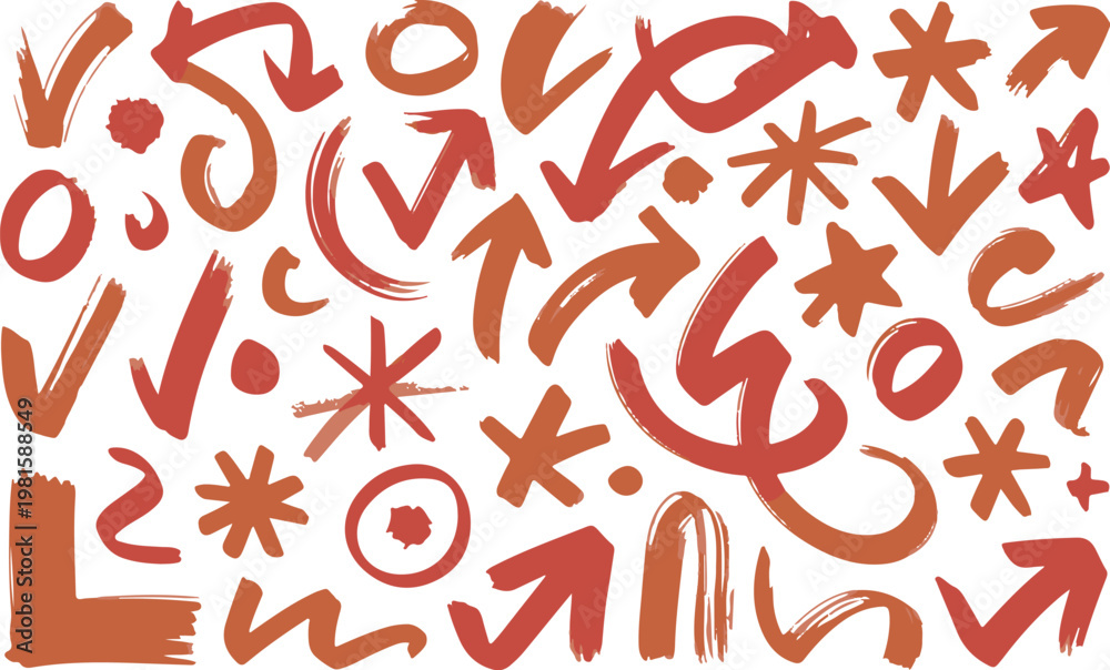 Fototapeta premium Various hand drawn arrows circles stars and check marks in orange and red on transparent background.