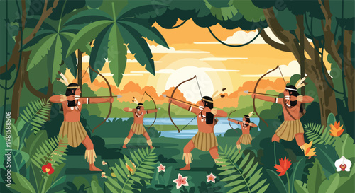 Five indigenous hunters aim bows and arrows in a lush jungle during warm sunset