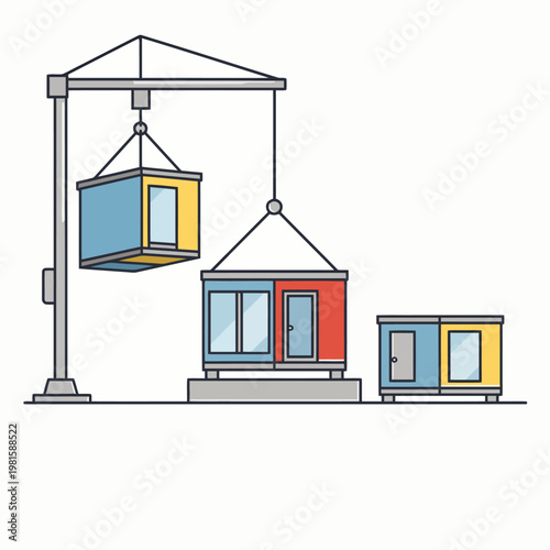 Tiny homes under construction with crane lifting prefabricated modular cabins