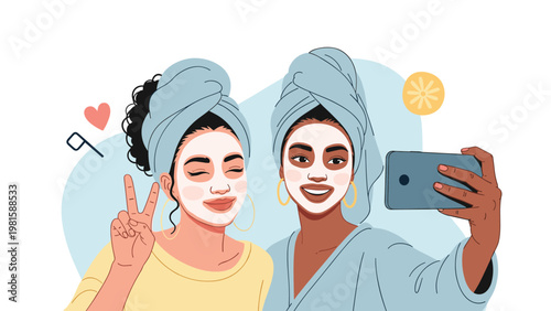 Two happy female friends with white facial masks taking a selfie with a smartphone while enjoying a spa day or beauty treatment at home.