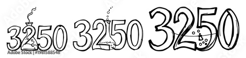 Numerals set with rough sketchy art of an ornate 3250 numeral featuring bubbling flasks, white background, line detail with vintage style and paper texture