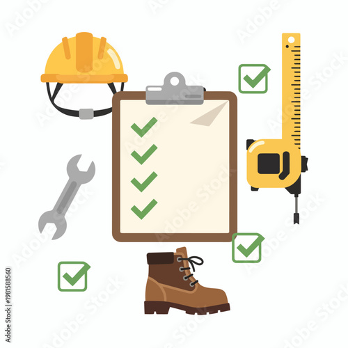 Engineer's checklist with safety equipment and completed tasks